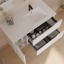 Cosyneo Meuble sous vasque seul, 2 tiroirs et 1 porte, 100cm, vasque déportée droite - blanc mat - ZARZA
