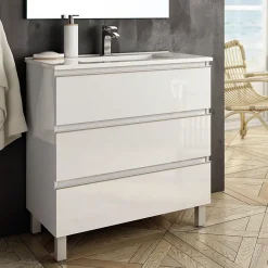 Cosyneo Meuble sous vasque seul, 3 tiroirs, 80cm, simple vasque - blanc laqué - PALMA* Meuble Sous Lavabo