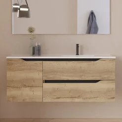 Cosyneo Meuble sous vasque seul, 2 tiroirs et 1 porte, 120cm, vasque déportée droite - madera miel (bois clair) - ZARZA