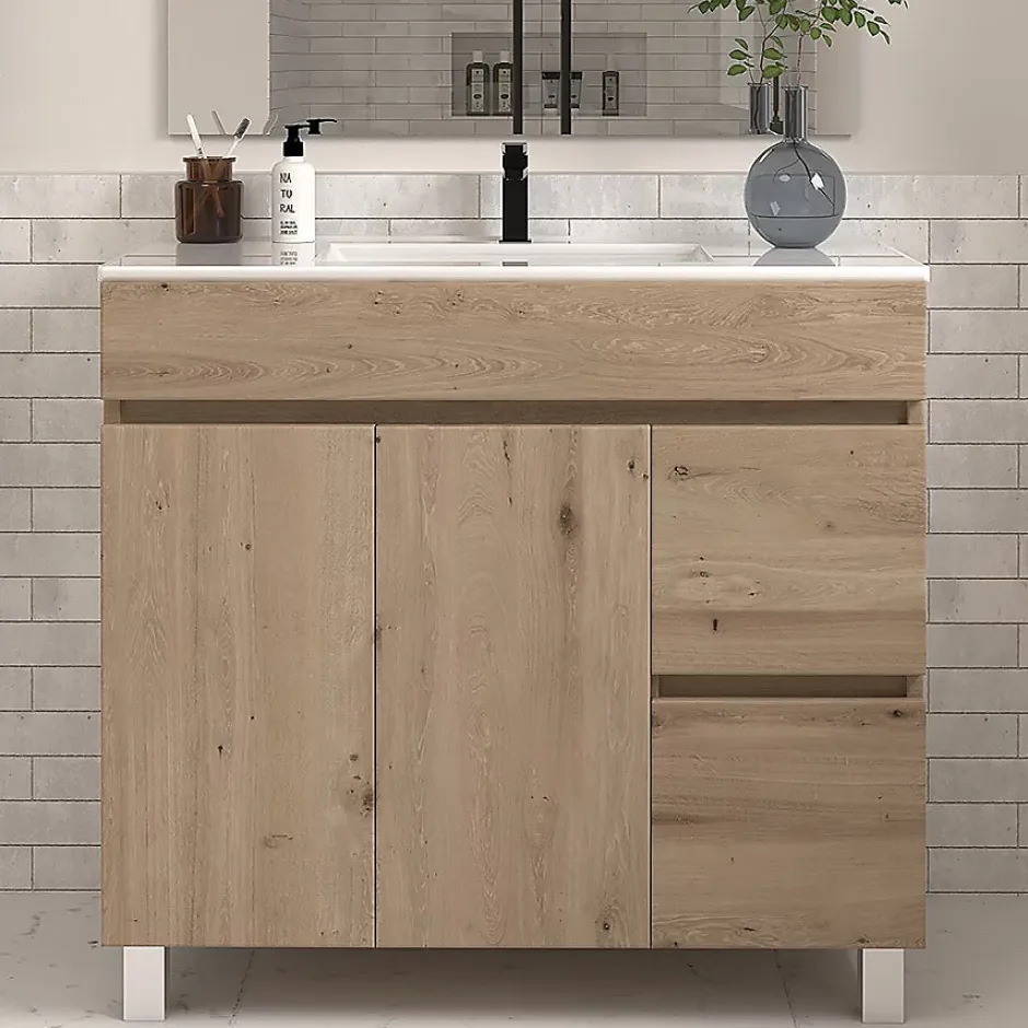 Cosyneo Meuble sous vasque seul, 2 tiroirs et 2 portes, 80cm, simple vasque - cambrian (chêne clair) - HARO
