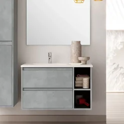 Cosyneo Meuble sous vasque seul, 2 tiroirs et 2 niches, 80cm, vasque déportée à gauche - ciment (gris) - OLYMPE* Meuble Sous Lavabo