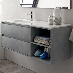 Cosyneo Meuble sous vasque seul, 2 tiroirs et 2 niches, 120cm, vasque déportée à gauche - ciment (gris) - OLYMPE* Meuble Sous Lavabo