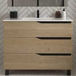 Cosyneo Meuble sous vasque seul, 3 tiroirs, 90cm, simple vasque - madera miel (chêne clair) - MATA