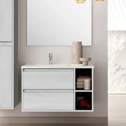Cosyneo Meuble sous vasque seul, 2 tiroirs et 2 niches, 80cm, vasque déportée à gauche - hibernian (bois blanchi) - OLYMPE* Meuble Sous Lavabo