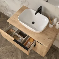 Cosyneo Meuble sous vasque seul, 2 tiroirs et 1 porte, 120cm, vasque déportée à gauche, roble (chêne clair) - KING