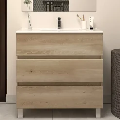 Cosyneo Meuble sous vasque seul, 3 tiroirs, 60cm, simple vasque - nebraska (chêne clair) - MAYOR* Meuble Sous Lavabo