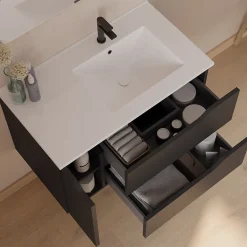 Cosyneo Meuble sous vasque seul, 2 tiroirs et 1 porte, 80cm, vasque déportée droite - noir - ZARZA