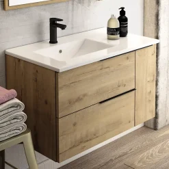 Cosyneo Meuble sous vasque seul, 2 tiroirs et 1 porte, 80cm, vasque déportée à gauche, roble (chêne clair) - KING