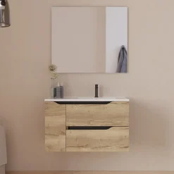 Cosyneo Meuble sous vasque seul, 2 tiroirs et 1 porte, 80cm, vasque déportée droite - madera miel (bois clair) - ZARZA* Meuble Sous Lavabo