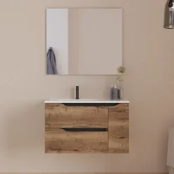 Cosyneo Meuble sous vasque seul, 2 tiroirs et 1 porte, 80cm, vasque déportée gauche - tabaco (bois foncé) - ZARZA