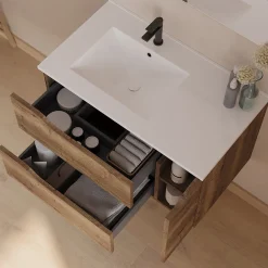 Cosyneo Meuble sous vasque seul, 2 tiroirs et 1 porte, 80cm, vasque déportée gauche - tabaco (bois foncé) - ZARZA