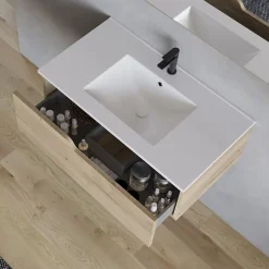 Cosyneo Meuble sous vasque seul, 1 tiroir, 80cm, simple vasque - madera miel (chêne clair) - CADIX