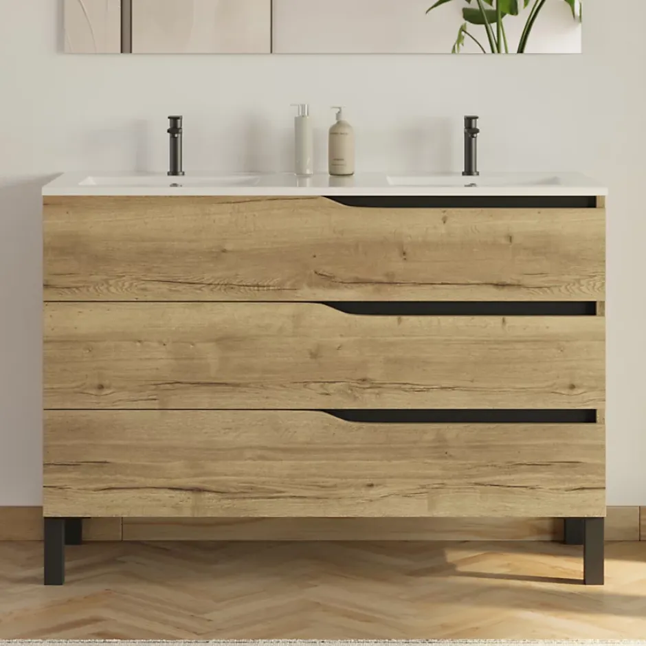 Cosyneo Meuble sous vasque seul, 3 tiroirs, 120cm, double vasque - madera miel (chêne clair) - MATA* Meuble Sous Lavabo