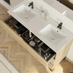 Cosyneo Meuble sous vasque seul, 3 tiroirs, 120cm, double vasque - madera miel (chêne clair) - MATA* Meuble Sous Lavabo