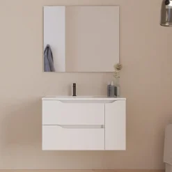 Cosyneo Meuble sous vasque seul, 2 tiroirs et 1 porte, 80cm, vasque déportée gauche - blanc mat - ZARZA* Meuble Sous Lavabo
