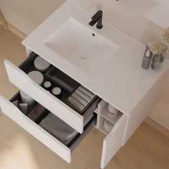 Cosyneo Meuble sous vasque seul, 2 tiroirs et 1 porte, 80cm, vasque déportée gauche - blanc mat - ZARZA* Meuble Sous Lavabo