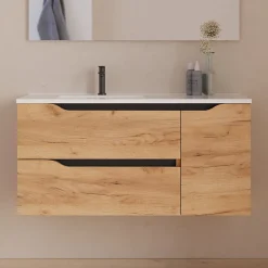 Cosyneo Meuble sous vasque seul, 2 tiroirs et 1 porte, 100cm, vasque déportée gauche - roble (bois clair) - ZARZA