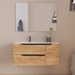 Cosyneo Meuble sous vasque seul, 2 tiroirs et 1 porte, 100cm, vasque déportée gauche - roble (bois clair) - ZARZA