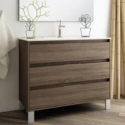 Cosyneo Meuble sous vasque seul, 3 tiroirs, 100cm, simple vasque - britannia (chêne foncé) - TIRIS