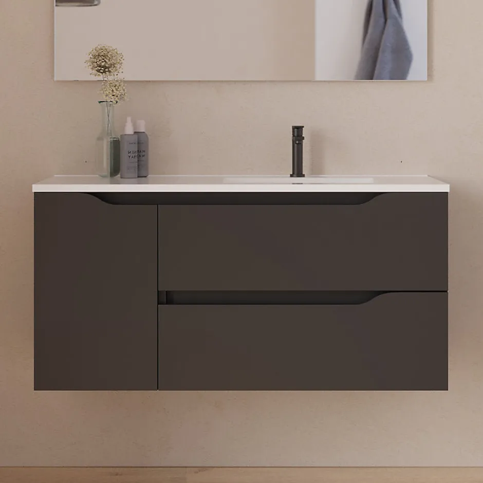 Cosyneo Meuble sous vasque seul, 2 tiroirs et 1 porte, 120cm, vasque déportée droite - noir - ZARZA