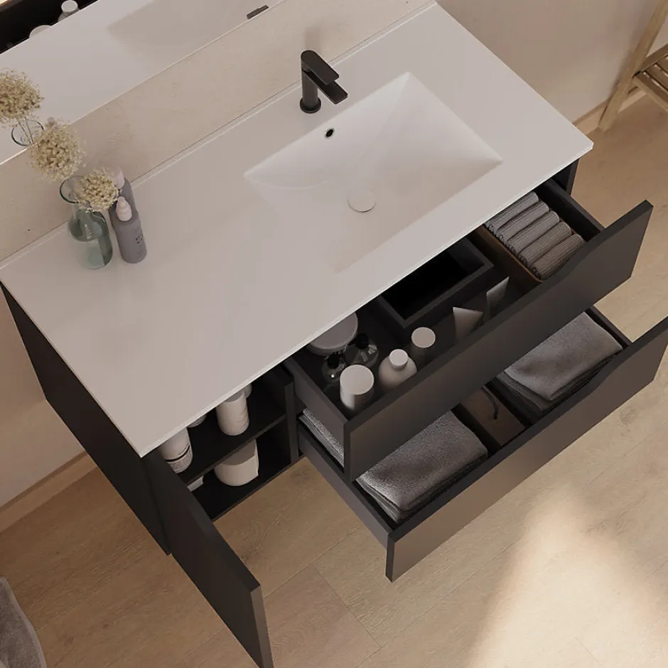 Cosyneo Meuble sous vasque seul, 2 tiroirs et 1 porte, 120cm, vasque déportée droite - noir - ZARZA