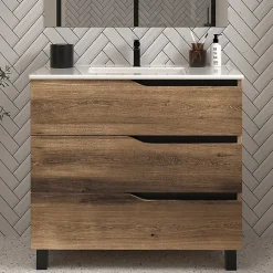 Cosyneo Meuble sous vasque seul, 3 tiroirs, 80cm, simple vasque - tabaco (chêne foncé) - MATA* Meuble Sous Lavabo