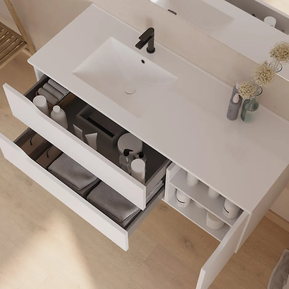 Cosyneo Meuble sous vasque seul, 2 tiroirs et 1 porte, 120cm, vasque déportée gauche - blanc mat - ZARZA