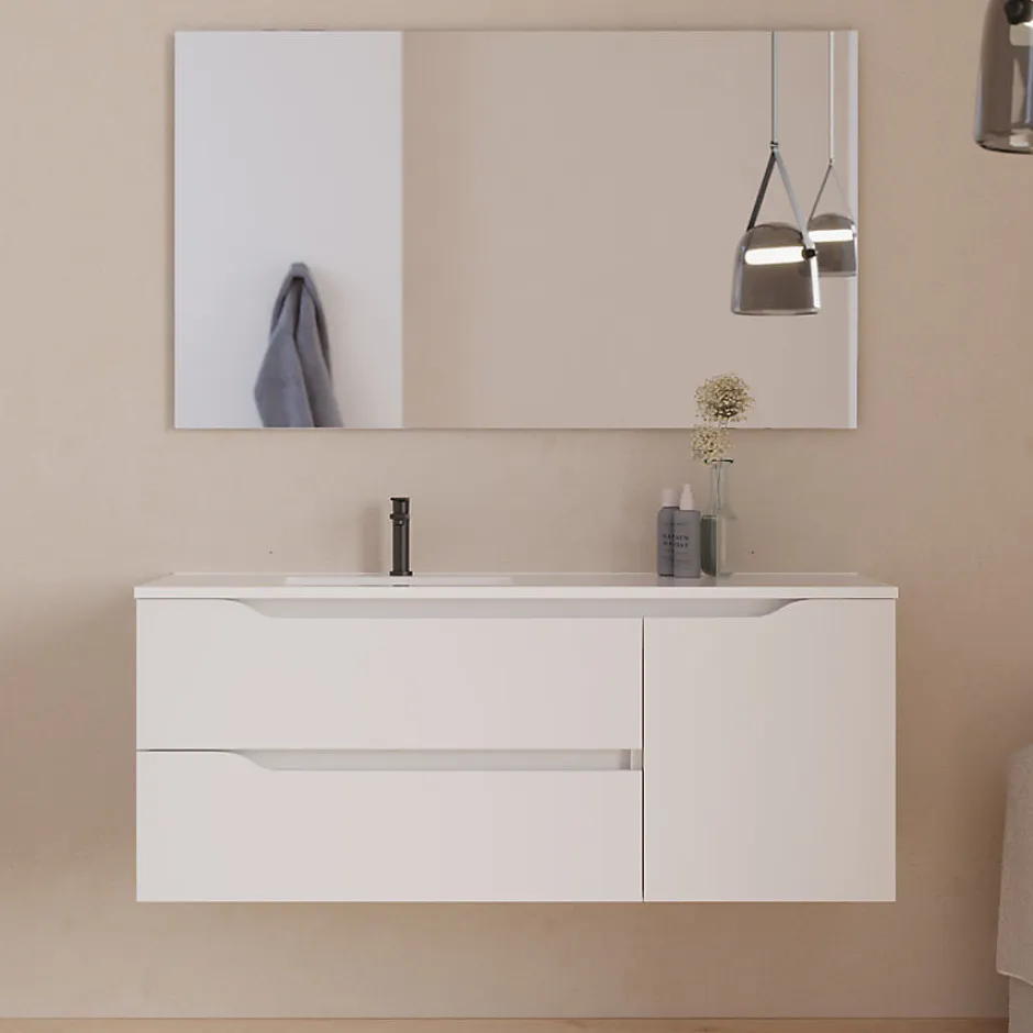 Cosyneo Meuble sous vasque seul, 2 tiroirs et 1 porte, 120cm, vasque déportée gauche - blanc mat - ZARZA