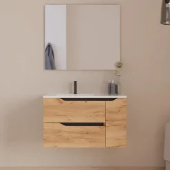 Cosyneo Meuble sous vasque seul, 2 tiroirs et 1 porte, 80cm, vasque déportée gauche - roble (bois clair) - ZARZA* Meuble Sous Lavabo