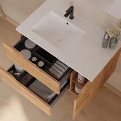 Cosyneo Meuble sous vasque seul, 2 tiroirs et 1 porte, 80cm, vasque déportée gauche - roble (bois clair) - ZARZA* Meuble Sous Lavabo