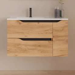 Cosyneo Meuble sous vasque seul, 2 tiroirs et 1 porte, 80cm, vasque déportée gauche - roble (bois clair) - ZARZA* Meuble Sous Lavabo