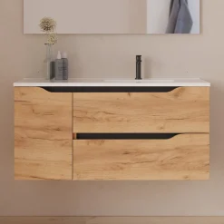 Cosyneo Meuble sous vasque seul, 2 tiroirs et 1 porte, 100cm, vasque déportée droite - roble (bois clair) - ZARZA* Meuble Sous Lavabo