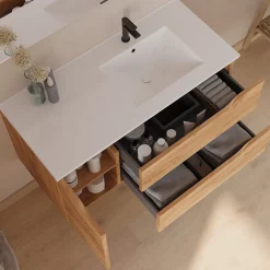 Cosyneo Meuble sous vasque seul, 2 tiroirs et 1 porte, 100cm, vasque déportée droite - roble (bois clair) - ZARZA* Meuble Sous Lavabo