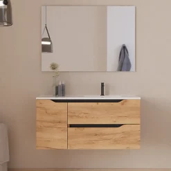 Cosyneo Meuble sous vasque seul, 2 tiroirs et 1 porte, 100cm, vasque déportée droite - roble (bois clair) - ZARZA* Meuble Sous Lavabo