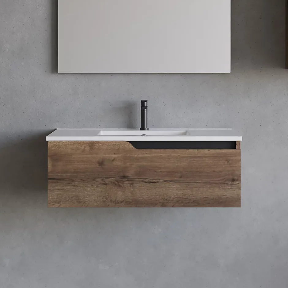 Cosyneo Meuble sous vasque seul, 1 tiroir, 80cm, simple vasque - tabaco (chêne foncé) - CADIX