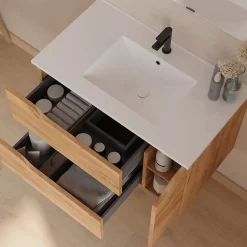 Cosyneo Meuble sous vasque seul, 2 tiroirs et 1 porte, 80cm, vasque centrée - roble (bois clair) - ZARZA* Meuble Sous Lavabo