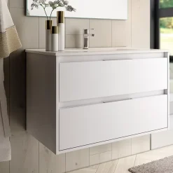 Cosyneo Meuble sous vasque seul, 2 tiroirs, 100cm, simple vasque - blanc laqué - IRIS* Meuble Sous Lavabo