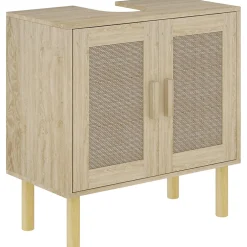 Homcom Meuble sous vasque style bohème - 2 portes, étagère - effet rotin bois clair