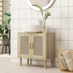 Homcom Meuble sous vasque style bohème - 2 portes, étagère - effet rotin bois clair