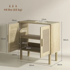 Homcom Meuble sous vasque style bohème - 2 portes, étagère - effet rotin bois clair