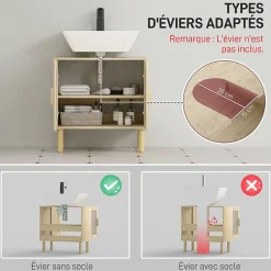Homcom Meuble sous vasque style bohème - 2 portes, étagère - effet rotin bois clair