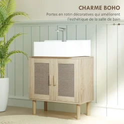 Homcom Meuble sous vasque style bohème - 2 portes, étagère - effet rotin bois clair