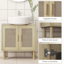 Homcom Meuble sous vasque style bohème - 2 portes, étagère - effet rotin bois clair