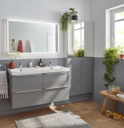 GoodHome Meuble sous vasque suspendu gris brillant l.120 x H.60 x P.45 cm, Imandra