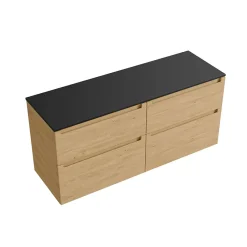 Bernstein Meuble sous vasque suspendu MDF Chêne miel, plan vasque Noir mat, tiroirs pivotants - 140x46x62cm - VIREO* Meuble Sous-Vasque