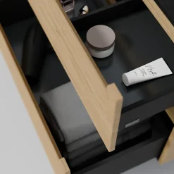 Bernstein Meuble sous vasque suspendu MDF Chêne miel, plan vasque Noir mat, tiroirs pivotants - 140x46x62cm - VIREO* Meuble Sous-Vasque