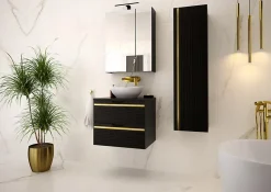 Furnidea Meuble sous vasque suspendu VESPER noir 80 cm - bande décorative dorée