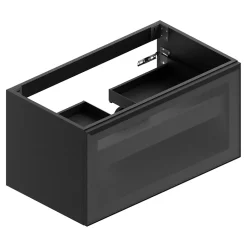 Ipiemme SRL Meuble sous vasque suspendu noir mat et verre fumé l.90 x H.46,5 x P.50,5 cm pour évacuation centrale, Pura+* Meuble Sous-Vasque