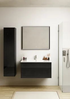 Ipiemme SRL Meuble sous vasque suspendu noir mat et verre fumé l.90 x H.46,5 x P.50,5 cm pour évacuation centrale, Pura+* Meuble Sous-Vasque