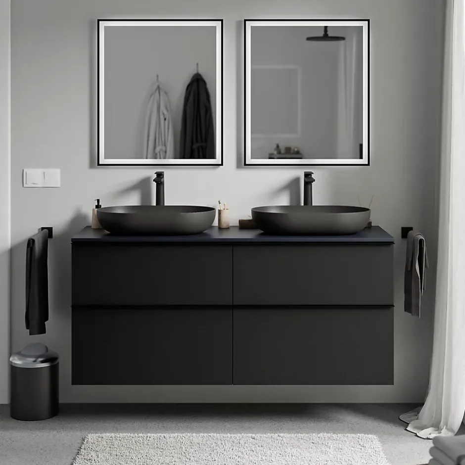 Bernstein Meuble sous vasque suspendu MDF Noir mat, plan vasque Bleu nuit mat, poignée Anthracite mat - 140x46x62cm - LAVOA* Meuble Sous-Vasque